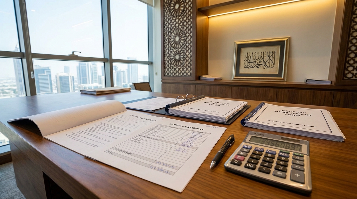 ドバイの不動産管理契約書類と費用計算のイメージ