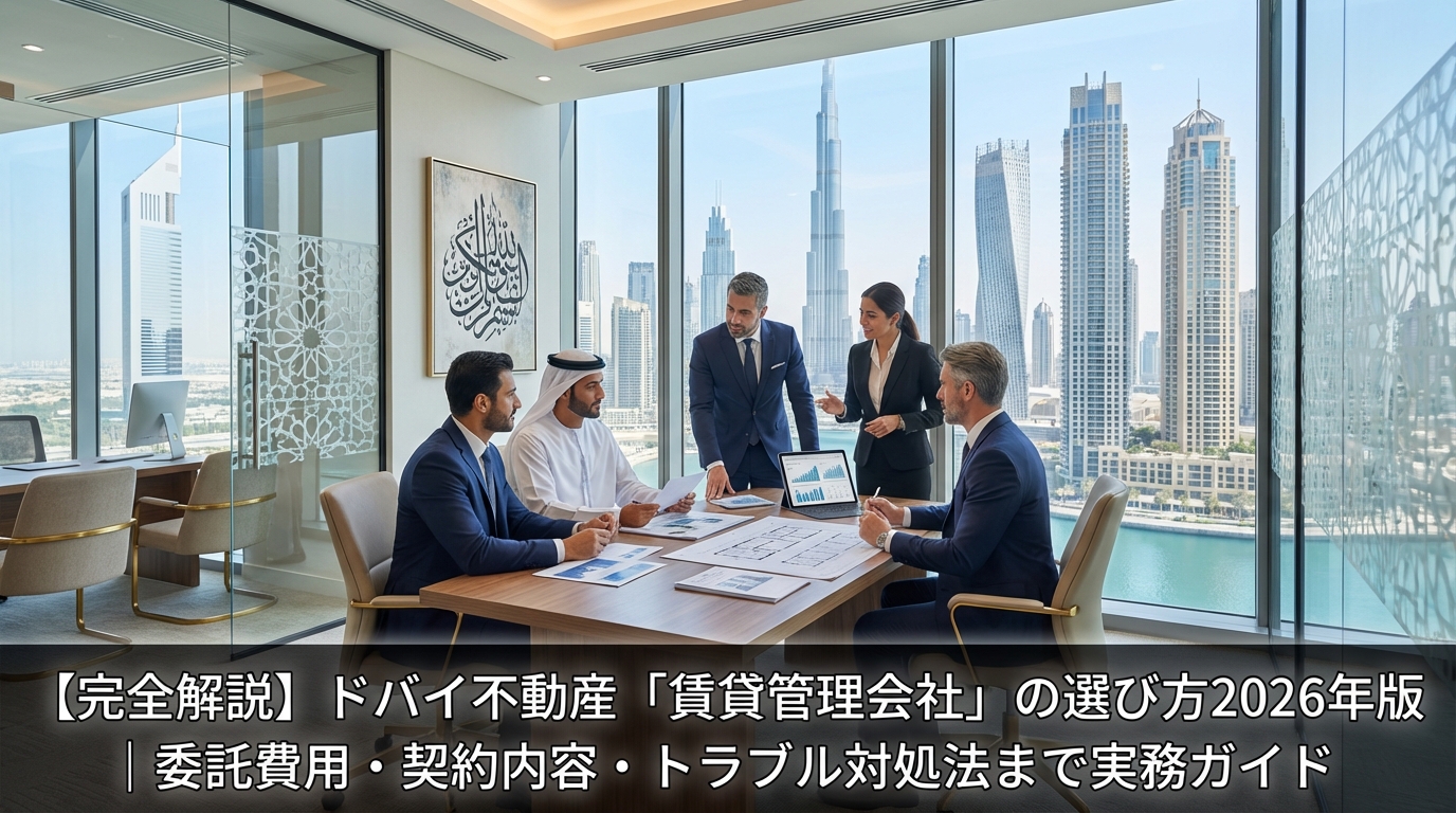 ドバイの高層レジデンス群と不動産管理オフィスでの打ち合わせイメージ