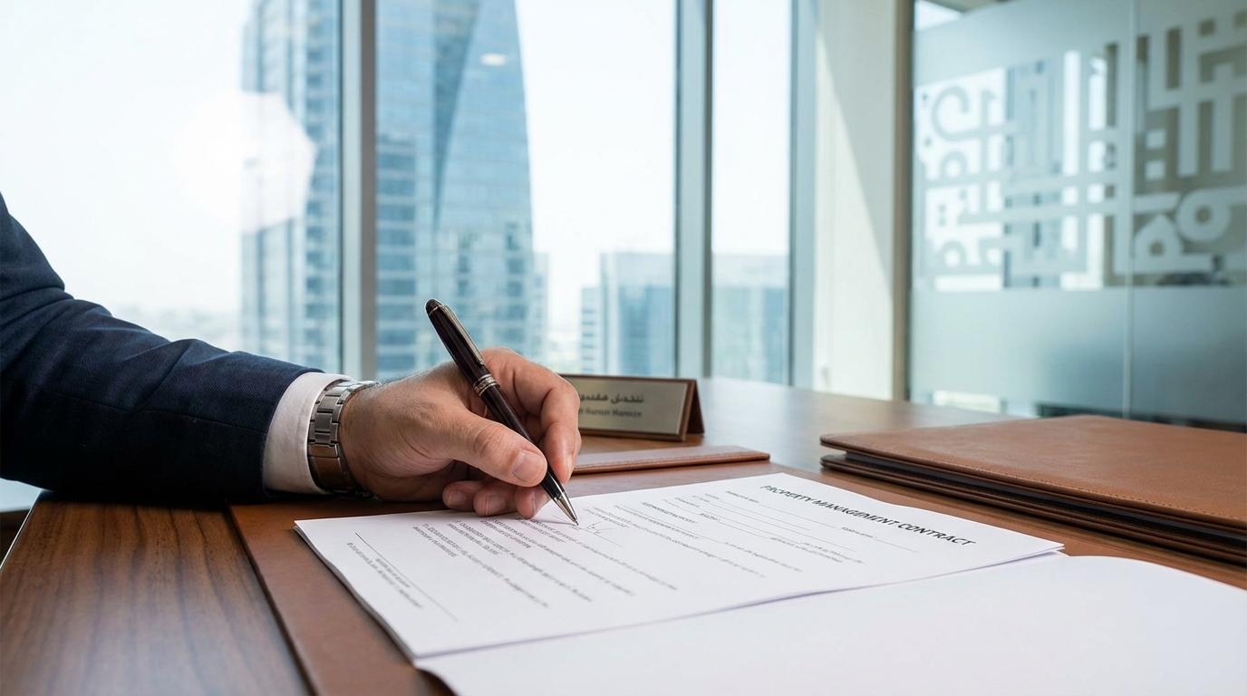 ドバイの不動産管理契約書にサインする様子