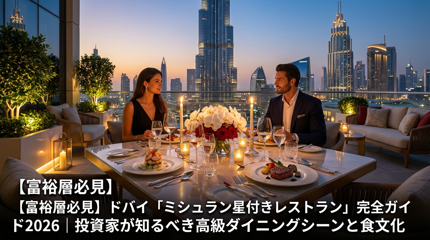 ドバイ・ダウンタウンの夜景を望む高級レストランのテラスダイニング