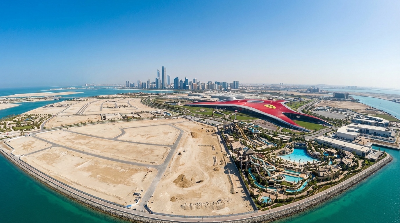 アブダビ・ヤス島 航空写真 - ディズニーテーマパーク建設予定地と既存エンターテインメント施設