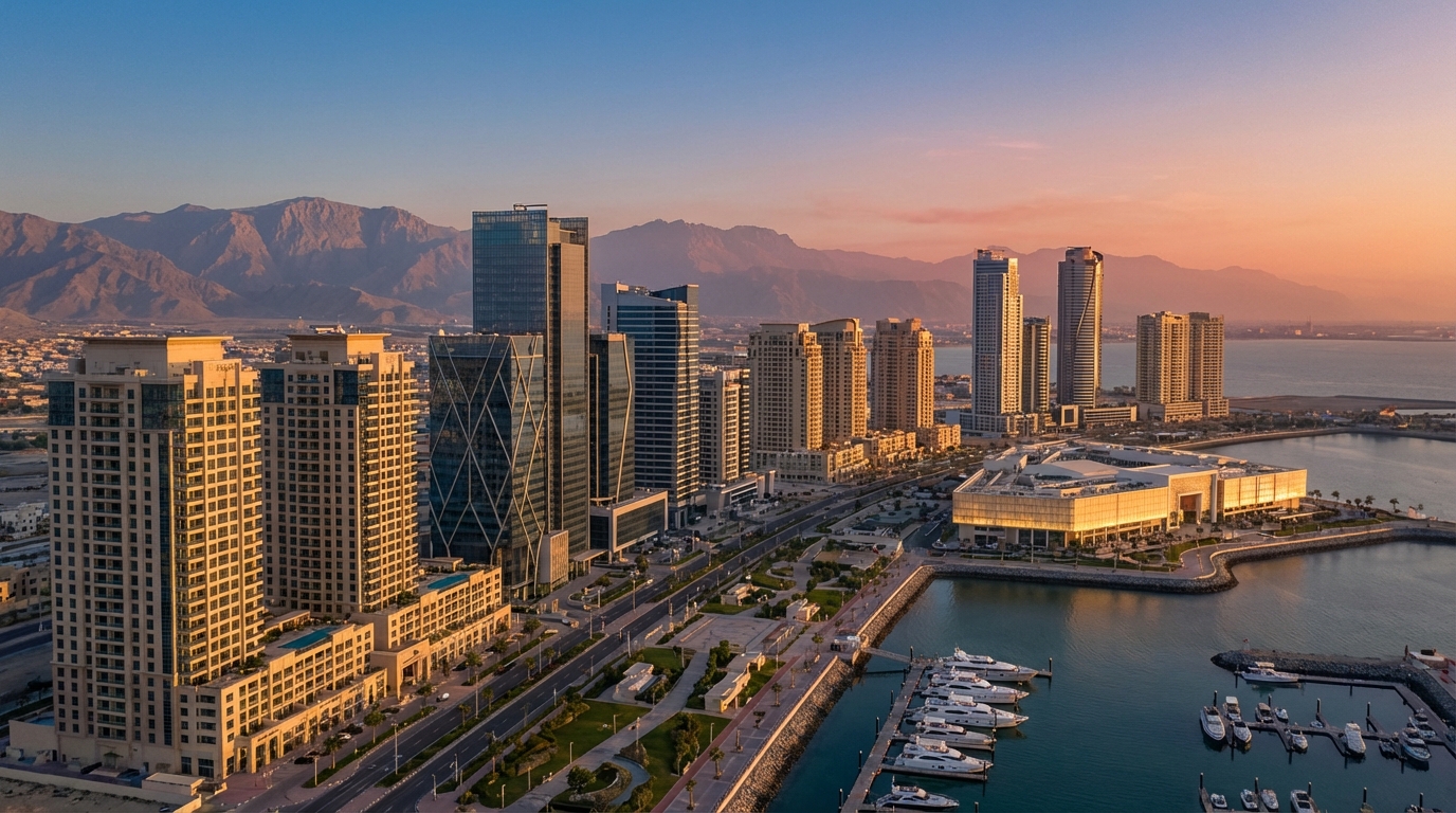 ラスアルハイマ市街地のスカイラインとハジャル山脈