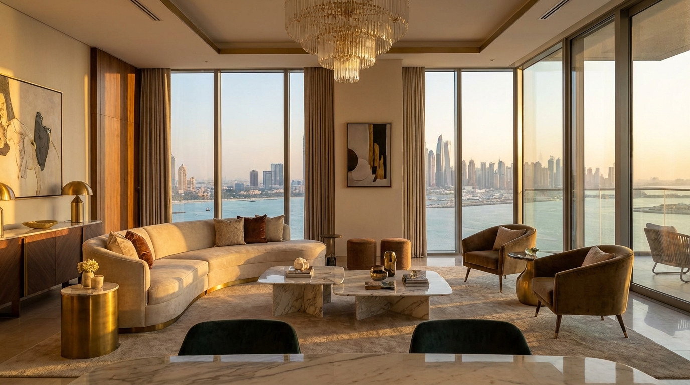 ドバイ高級レジデンスからの眺望。広大な海とドバイのスカイラインを見渡す贅沢なリビングルーム
