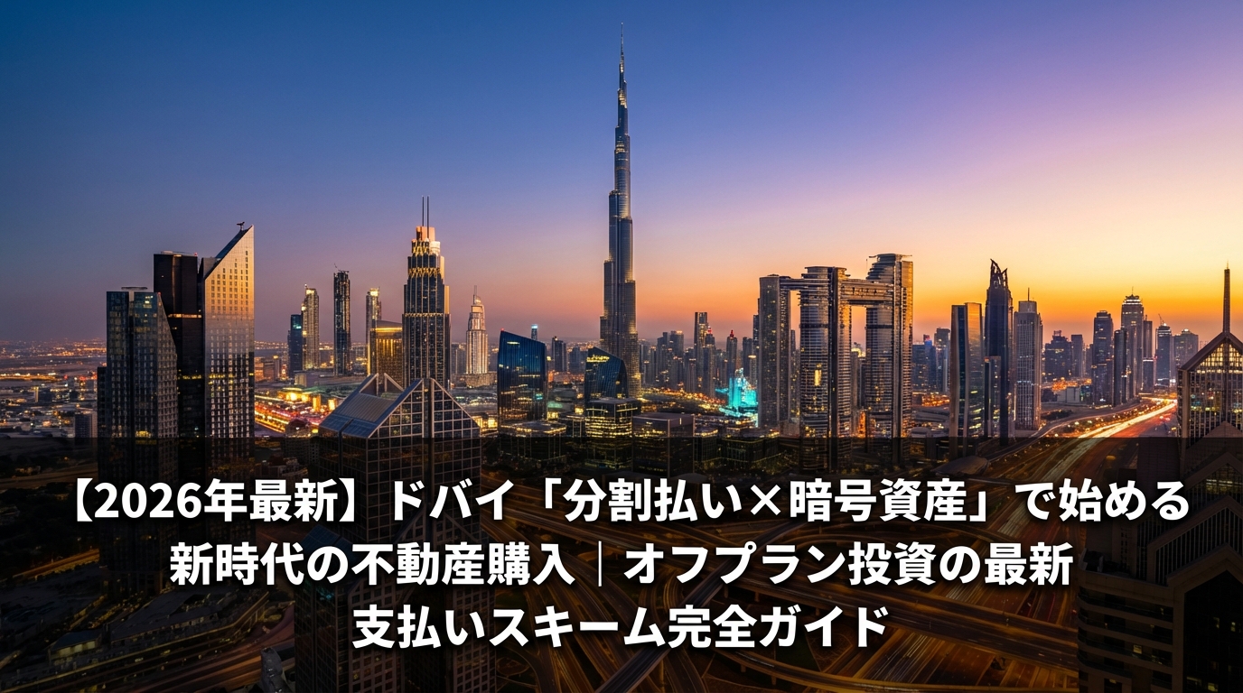 ドバイダウンタウンの夜景と暗号資産・分割払いをイメージした近未来的なビジュアル。ブルジュ・ハリファが背景に聳え、記事タイトルが白文字で下部に表示されている