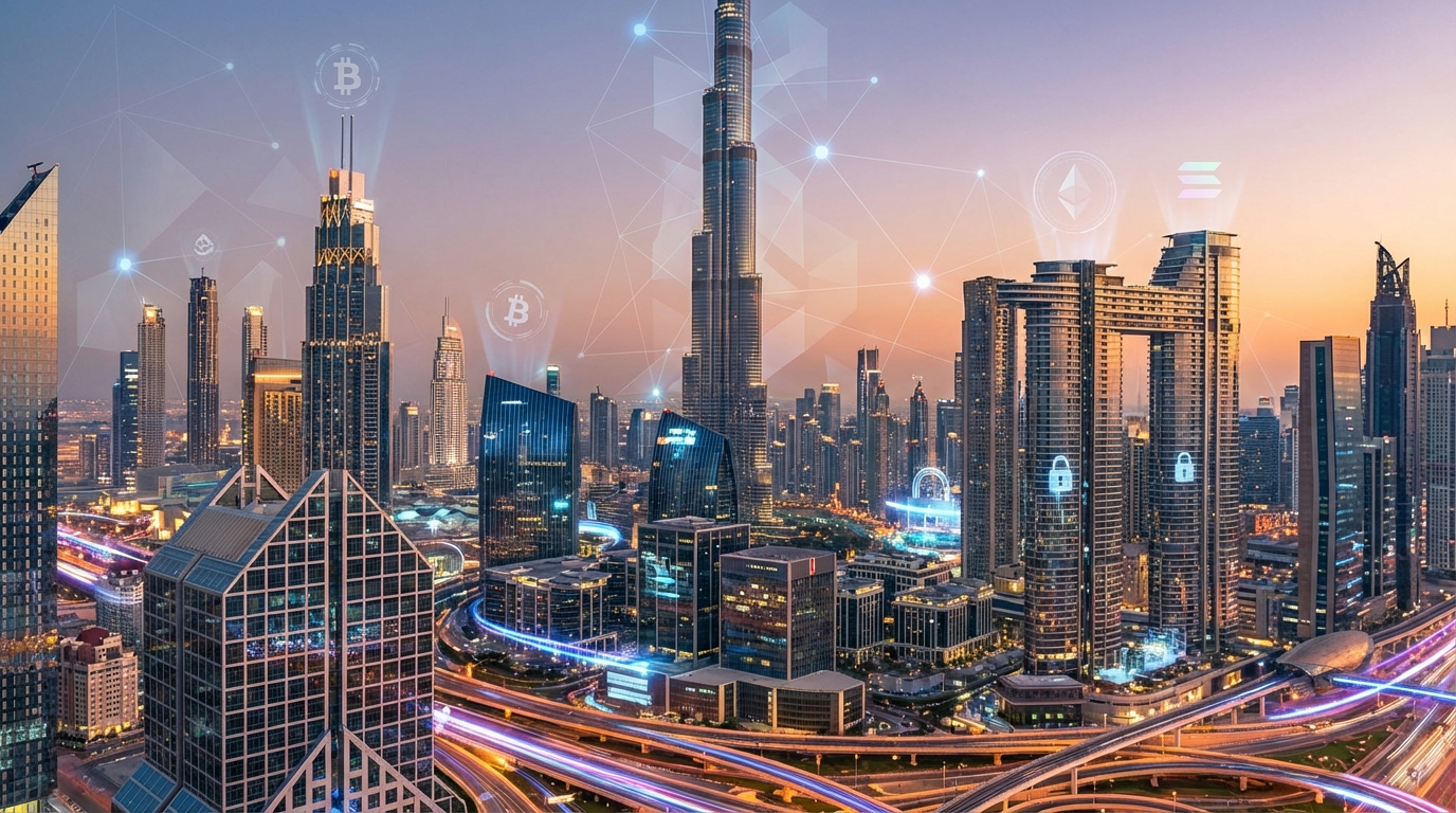 ドバイのスマートシティと暗号資産決済のイメージ。近未来的なデジタル技術がドバイの都市風景に溶け込んでいる
