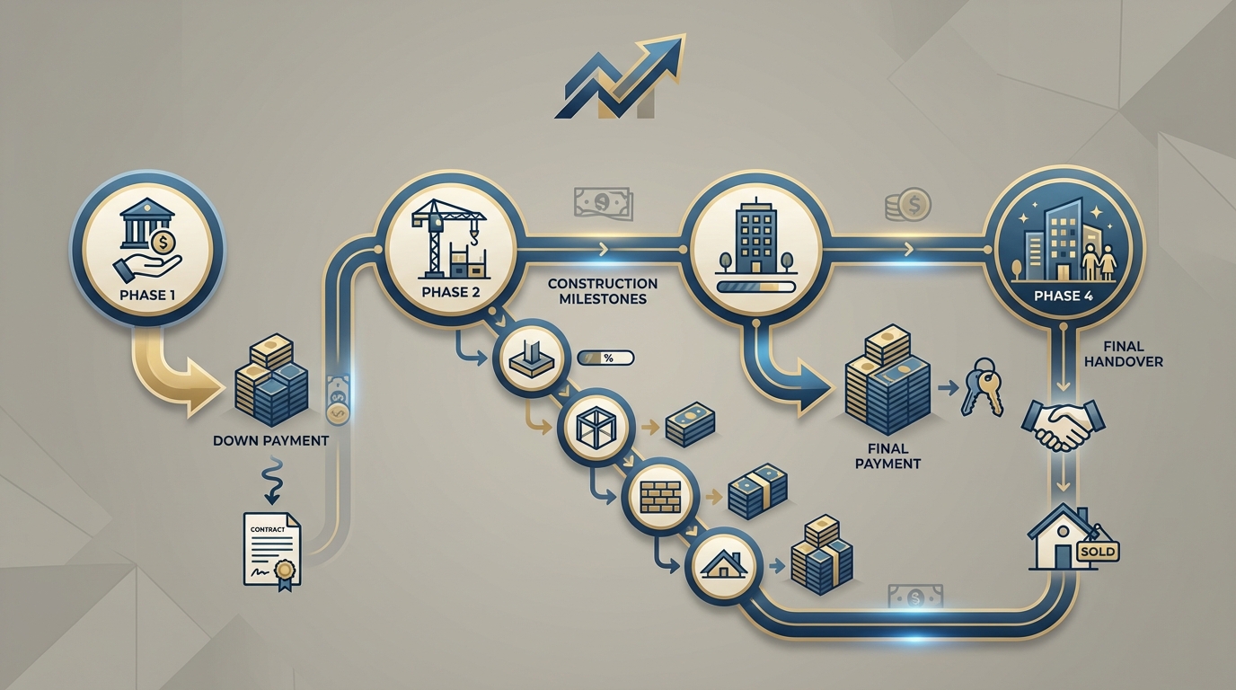 オフプラン物件の支払いタイムラインを示すインフォグラフィック。頭金から建設進捗、完成までの支払いフローが視覚的に表現されている