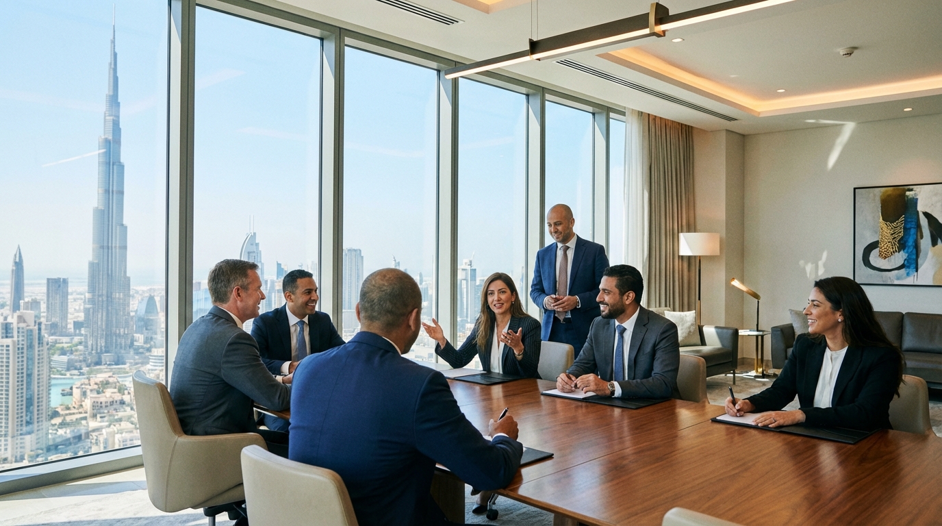 ドバイのオフィスでビジネスミーティングを行う起業家たち