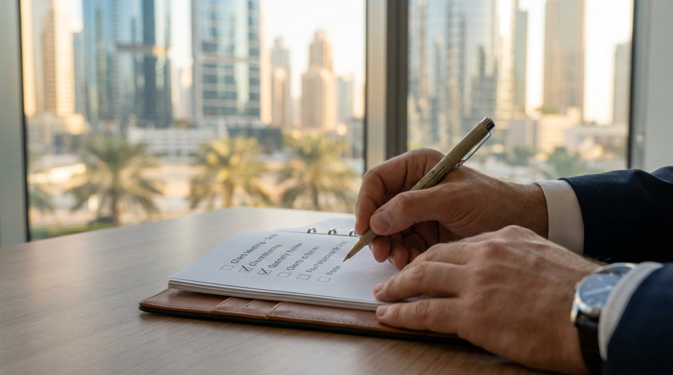 詐欺業者を見分けるチェックリストを確認するビジネスパーソン