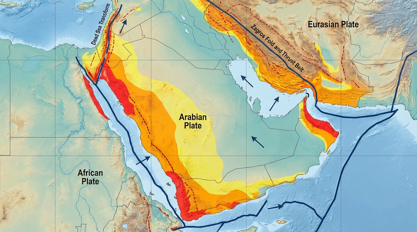 アラビア半島周辺の地震リスクマップ