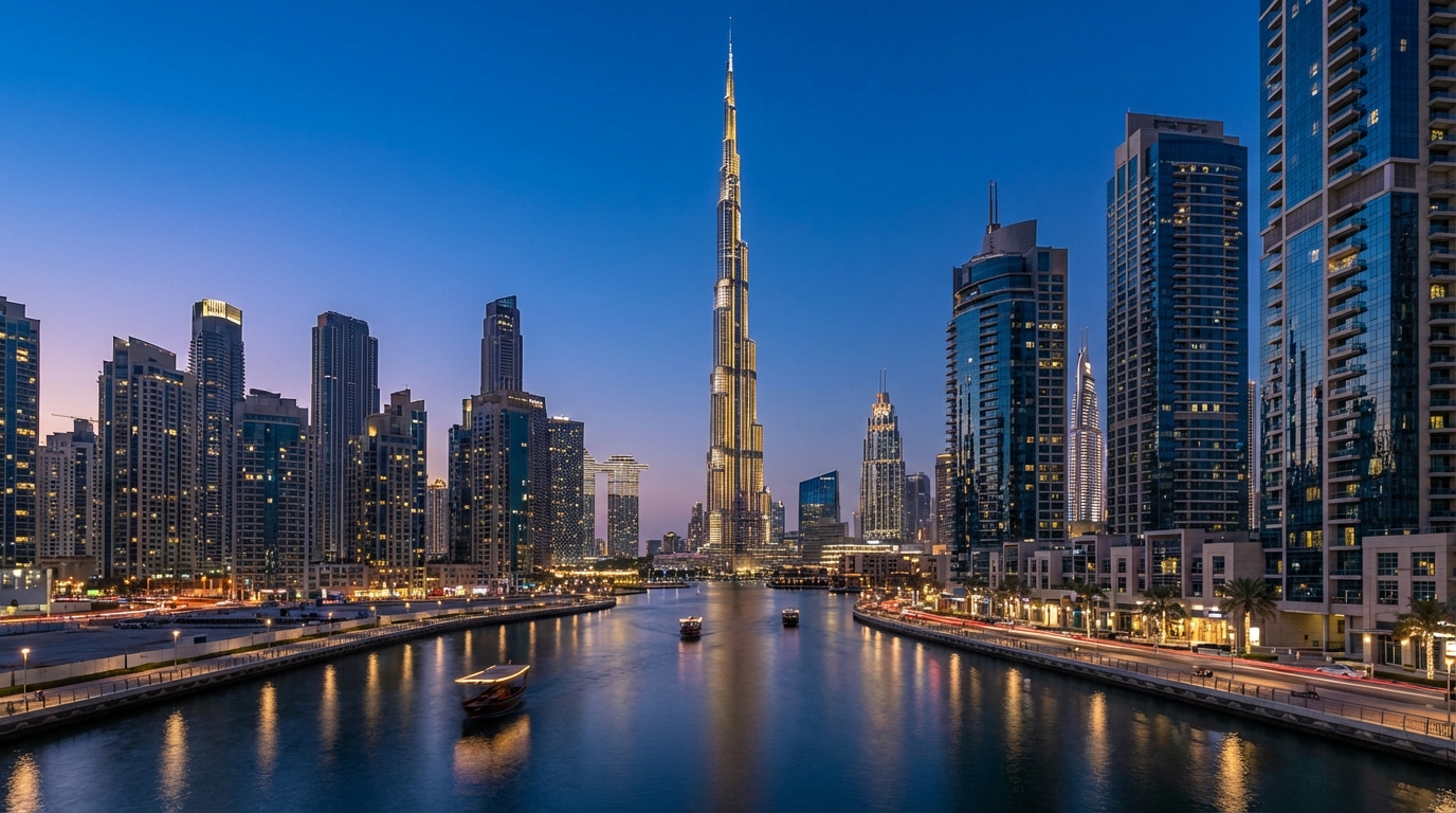 ドバイダウンタウンの夜景とブルジュ・ハリファ