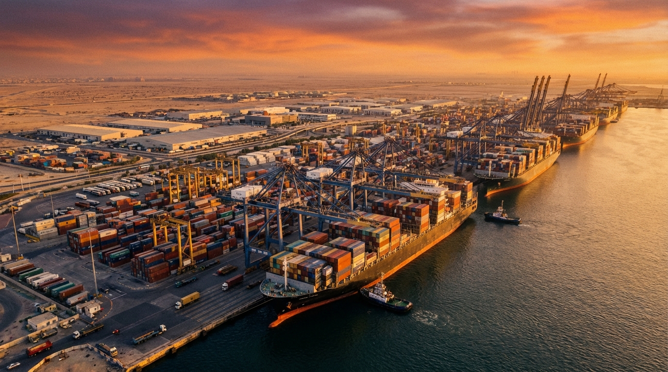 JAFZAが隣接するジェベルアリ港の物流施設とコンテナ船 - 夕暮れ時の港湾風景とクレーン群