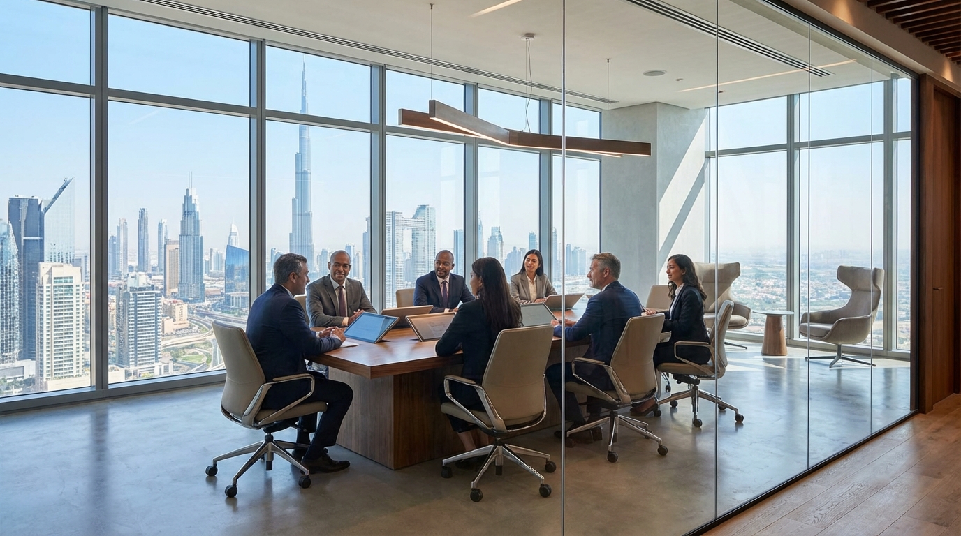 ドバイのフリーゾーンオフィスでのビジネスミーティング風景 - ガラス張りの会議室から都市を見下ろす多国籍チーム