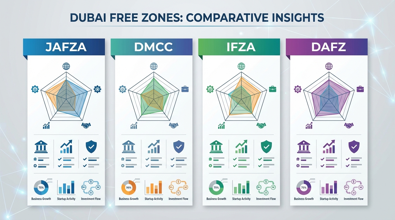 JAFZA・DMCC・IFZA・DAFZ 5項目比較マトリクスのイメージ - レーダーチャートとアイコンのデータビジュアライゼーション