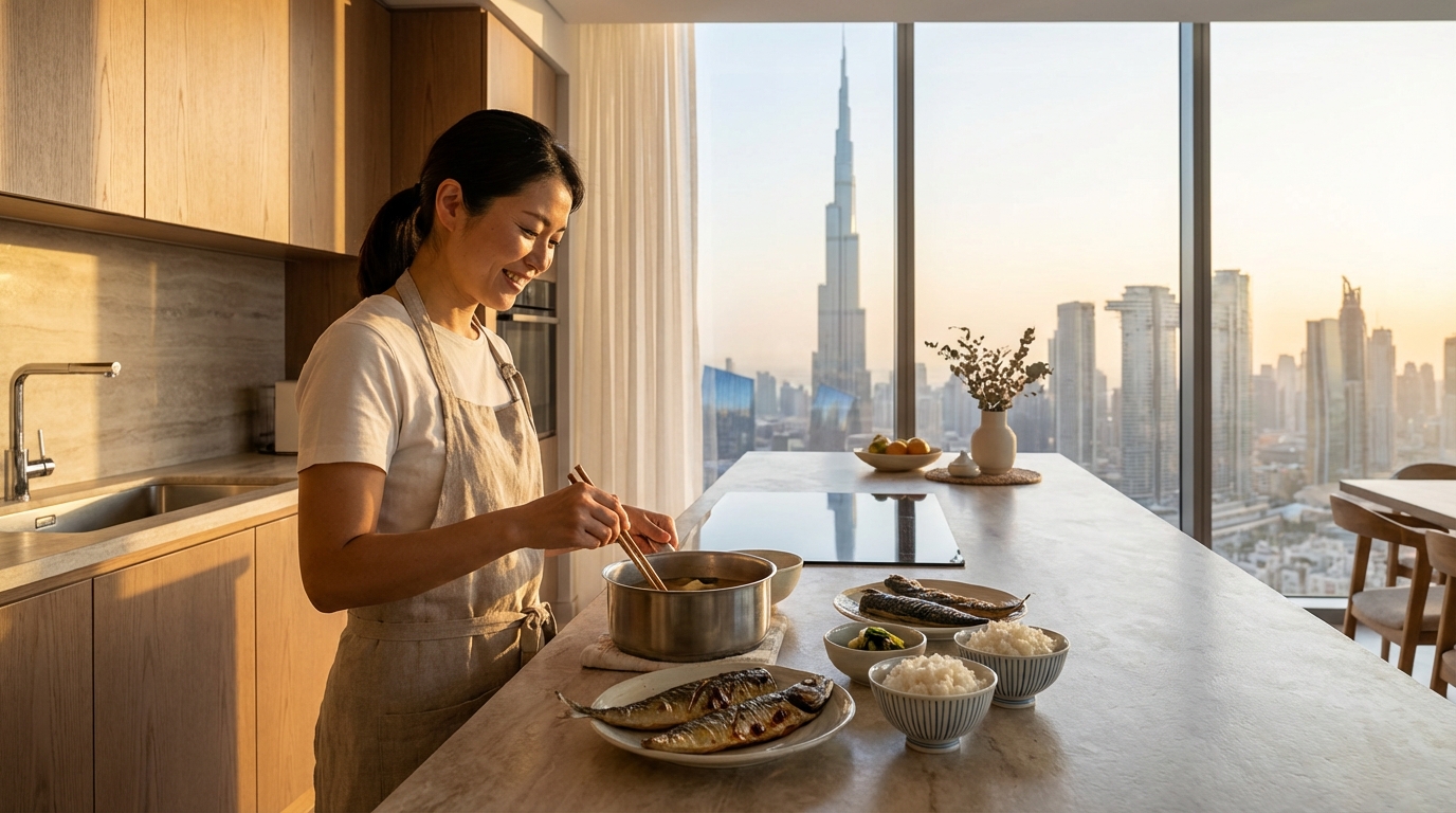 ドバイの自宅で和食を調理する日本人移住者