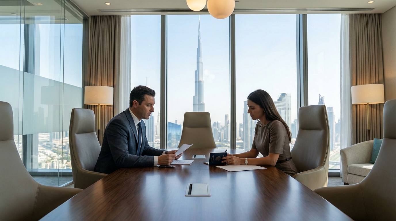 銀行面談で書類を確認する投資家と担当者