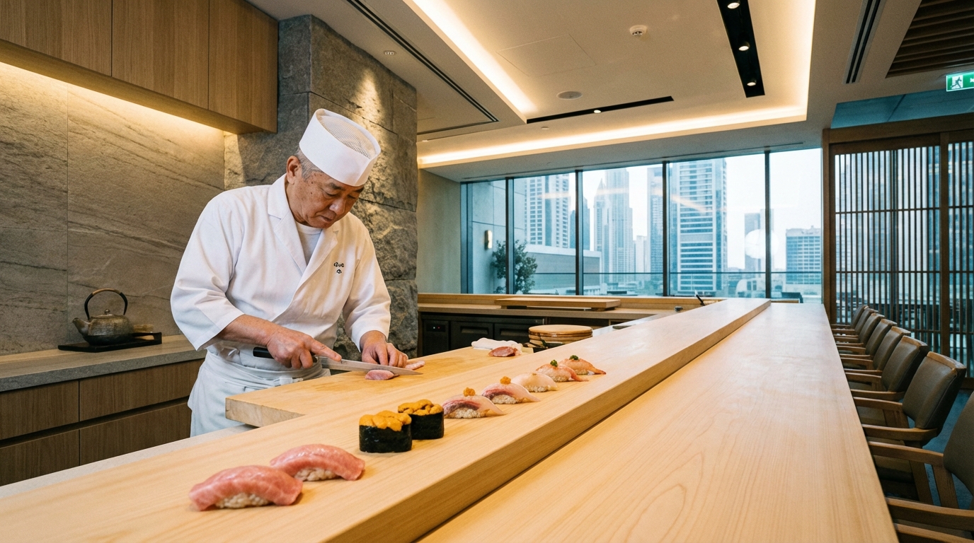 ドバイDIFCの高級鮨カウンターで調理する日本人シェフ