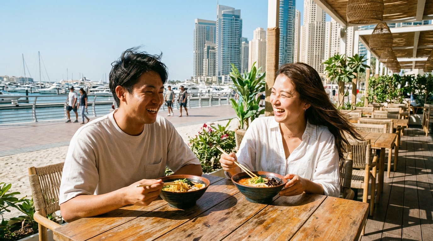 ドバイマリーナの海沿いテラスでラーメンを楽しむカップル