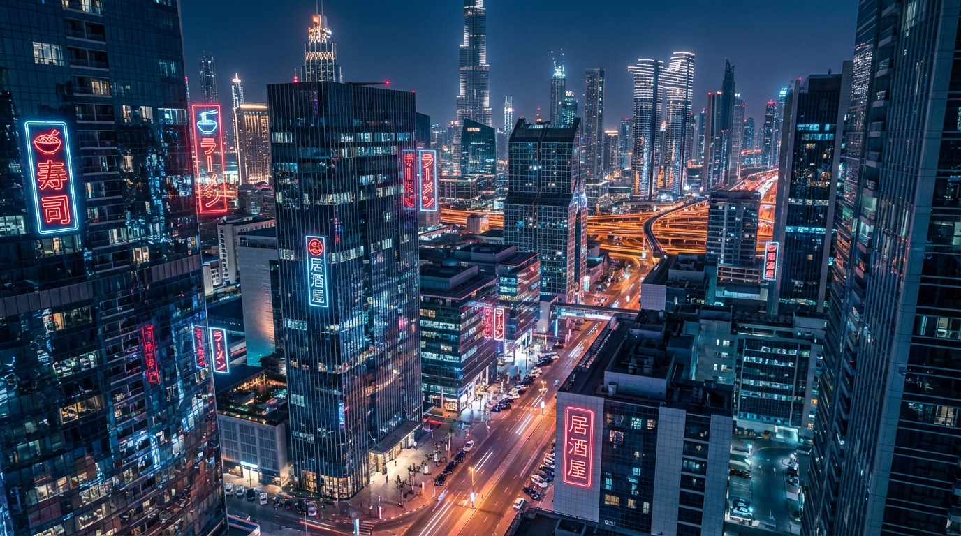 ドバイDIFCエリアの日本食レストラン街の夜景