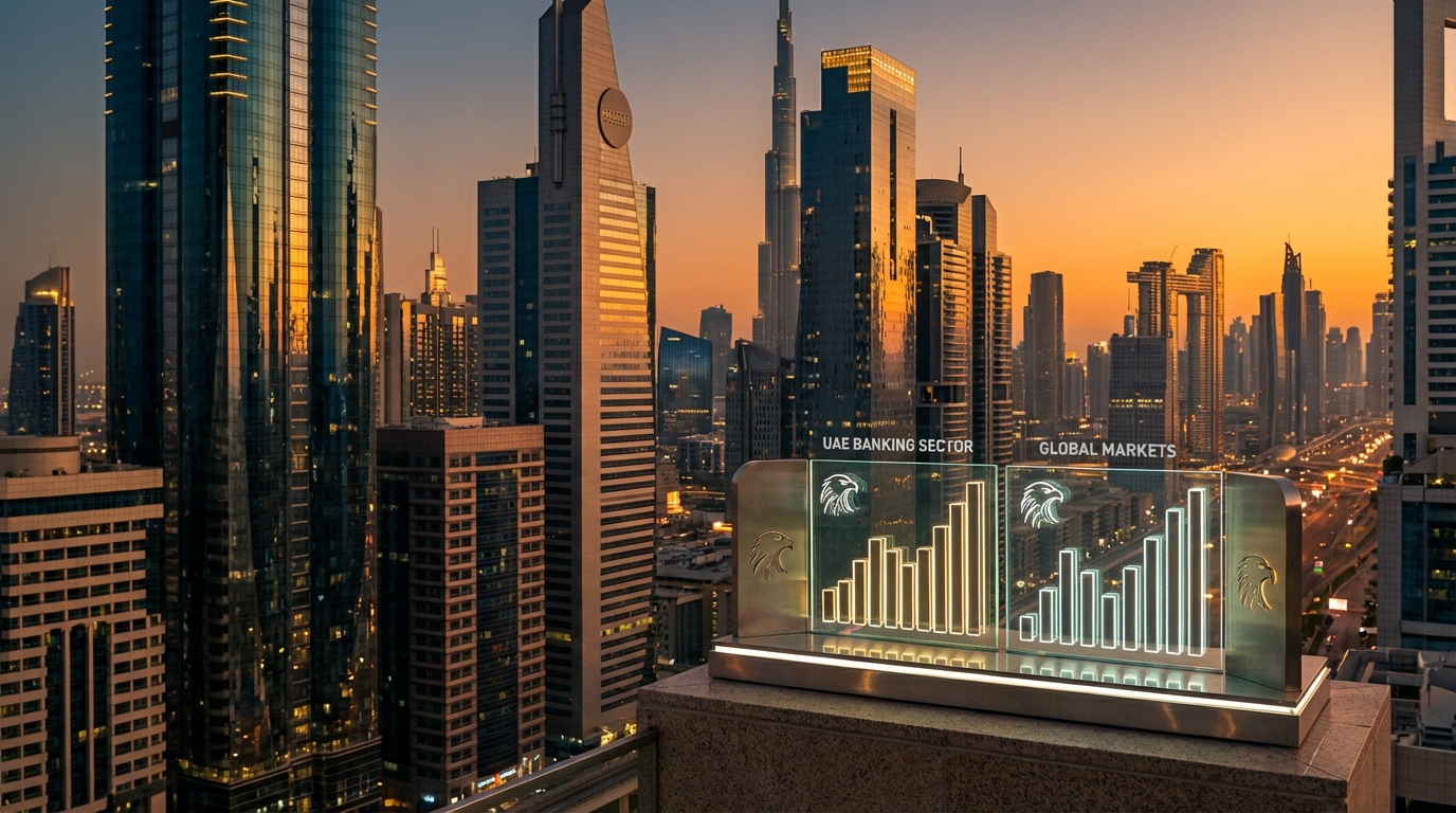 UAE主要銀行の比較イメージ（ドバイ金融街背景）