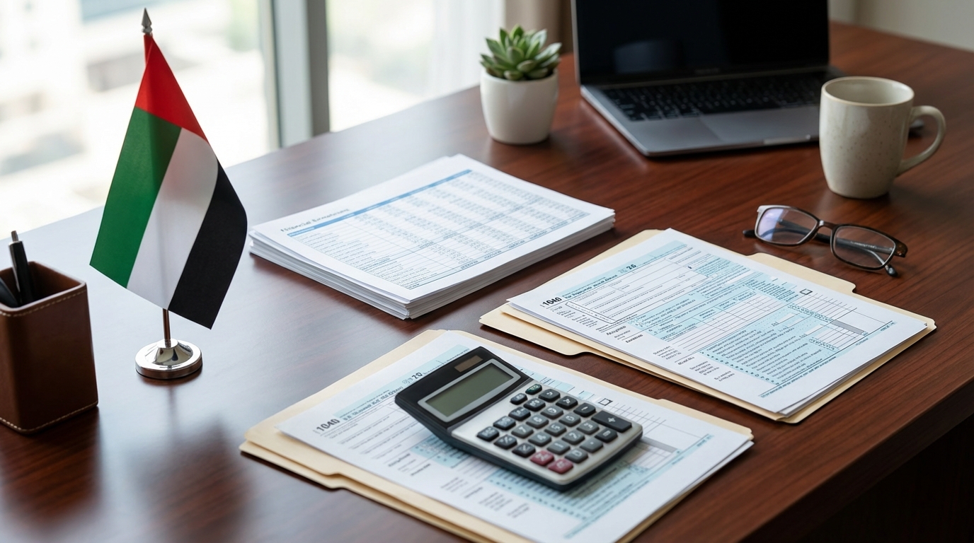 UAE法人税の制度概要を示すビジネスデスクのイメージ