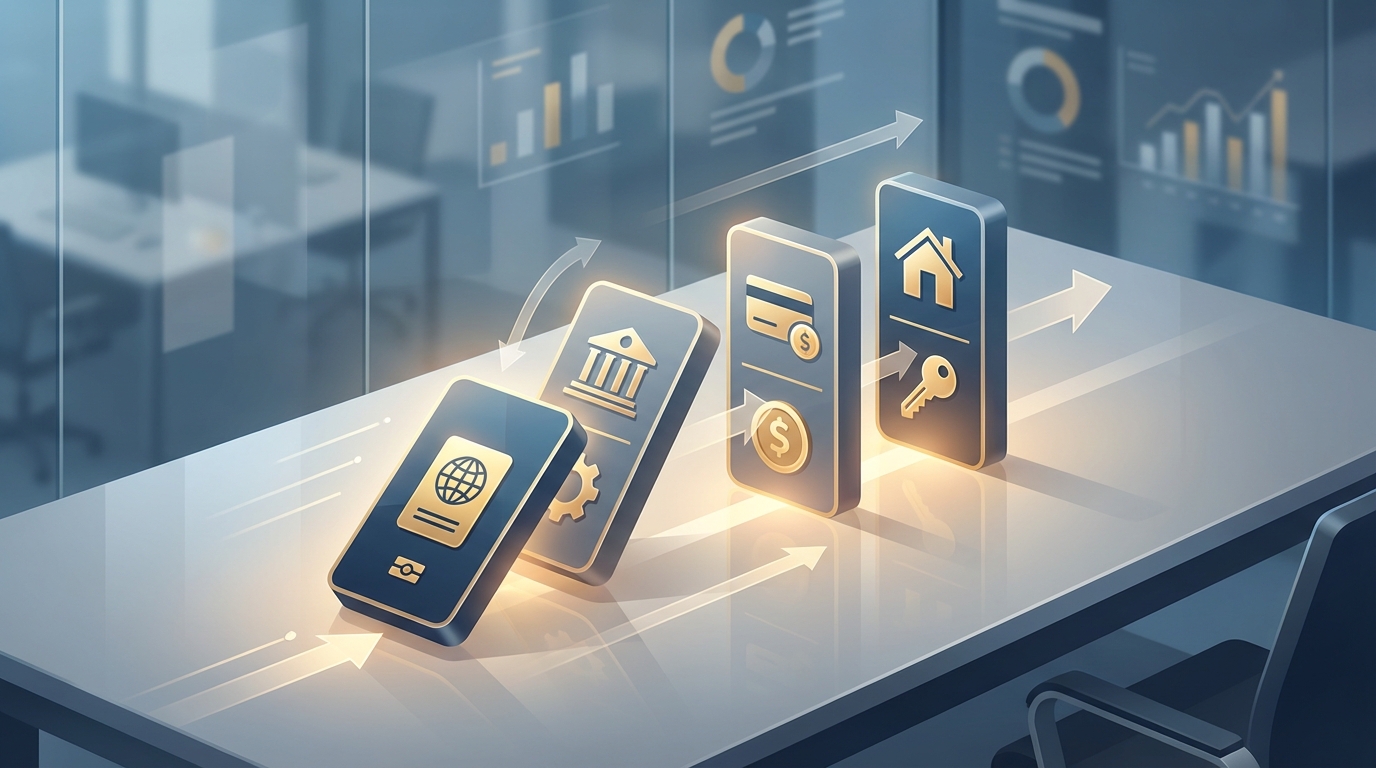 ドバイ移住手続きの正しい順番を示すドミノ概念図