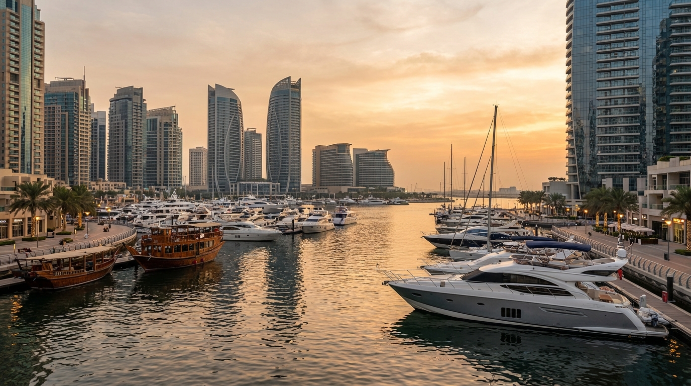 Maritime Cityのヨットマリーナと高層レジデンスタワー — 夕暮れ時のクリーク沿いの景観