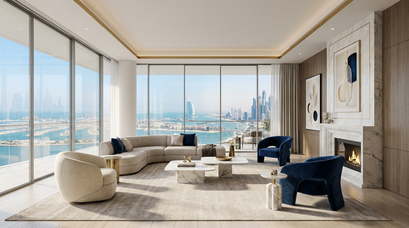 ドバイ ウォーターフロント物件のリビングルーム — 全面ガラス窓から海とスカイラインの眺望