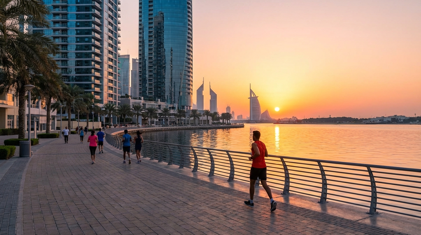 ドバイのウォーターフロントプロムナードでの朝のジョギング風景