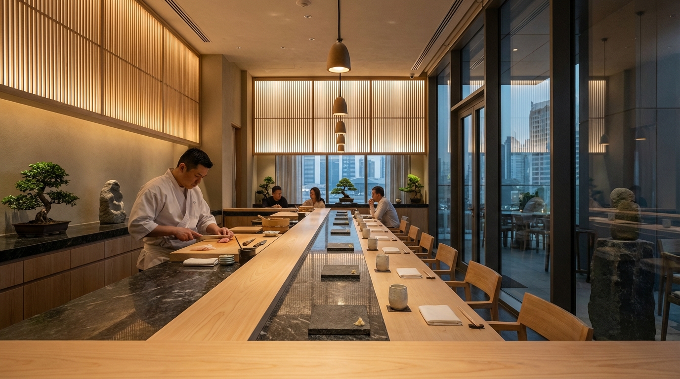 ドバイの日本食レストラン — 寿司カウンターと和モダンなインテリア