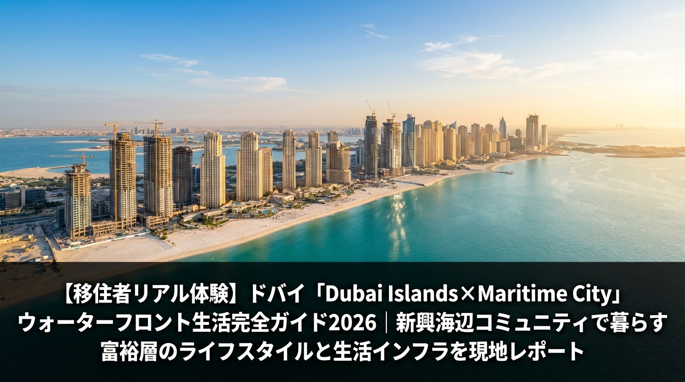 Dubai Islandsの空撮パノラマ — ターコイズブルーの海と白砂ビーチ、高層レジデンスタワーが並ぶウォーターフロント