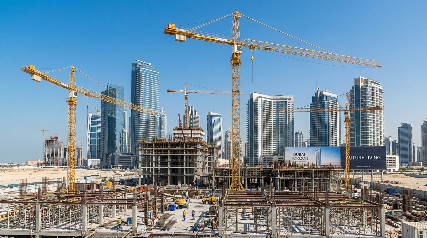 ドバイのオフプラン開発プロジェクト建設現場と完成済みタワー