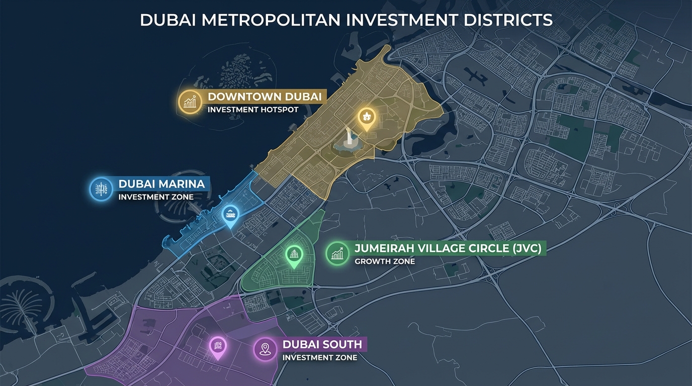 ドバイ主要投資エリアマップ、ダウンタウン・マリーナ・ドバイサウス