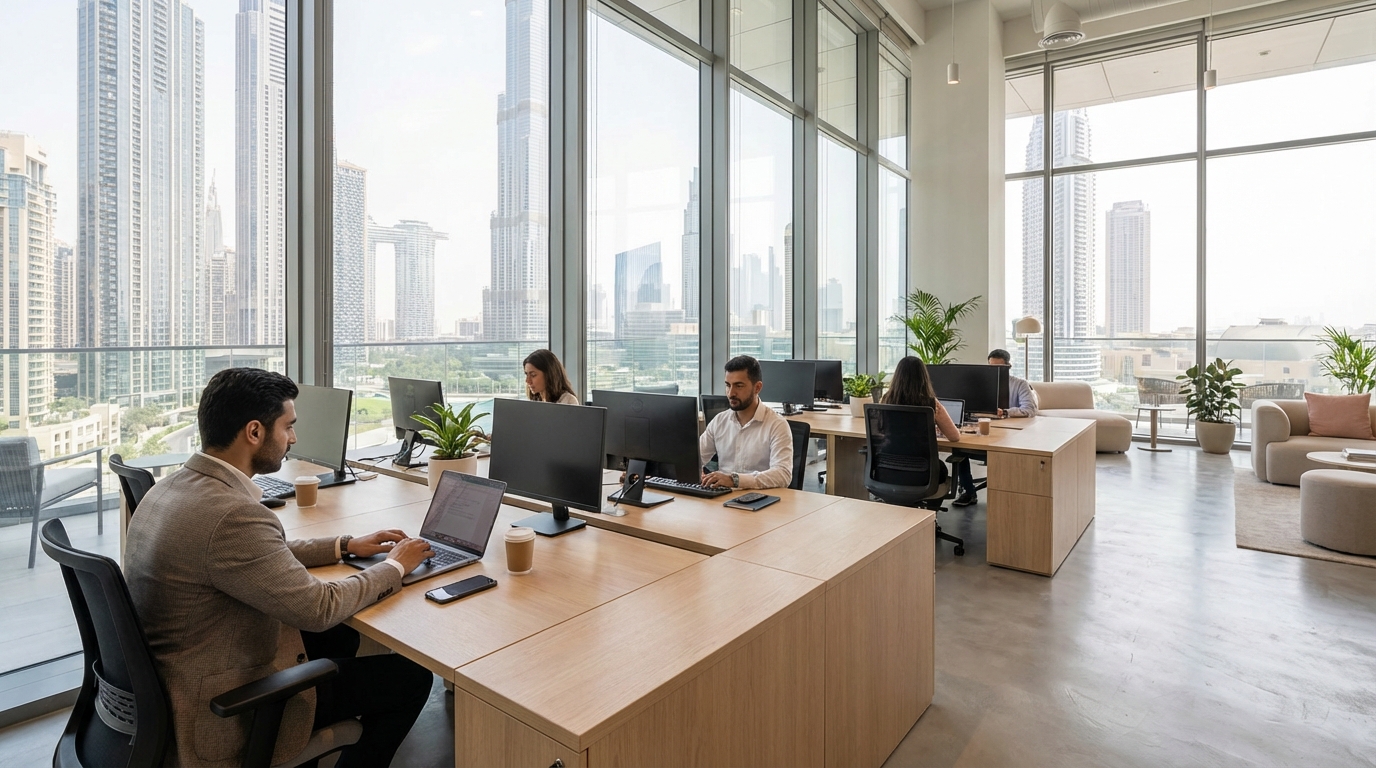ドバイのモダンなコワーキングスペースからバージュ・ハリファが見える眺望