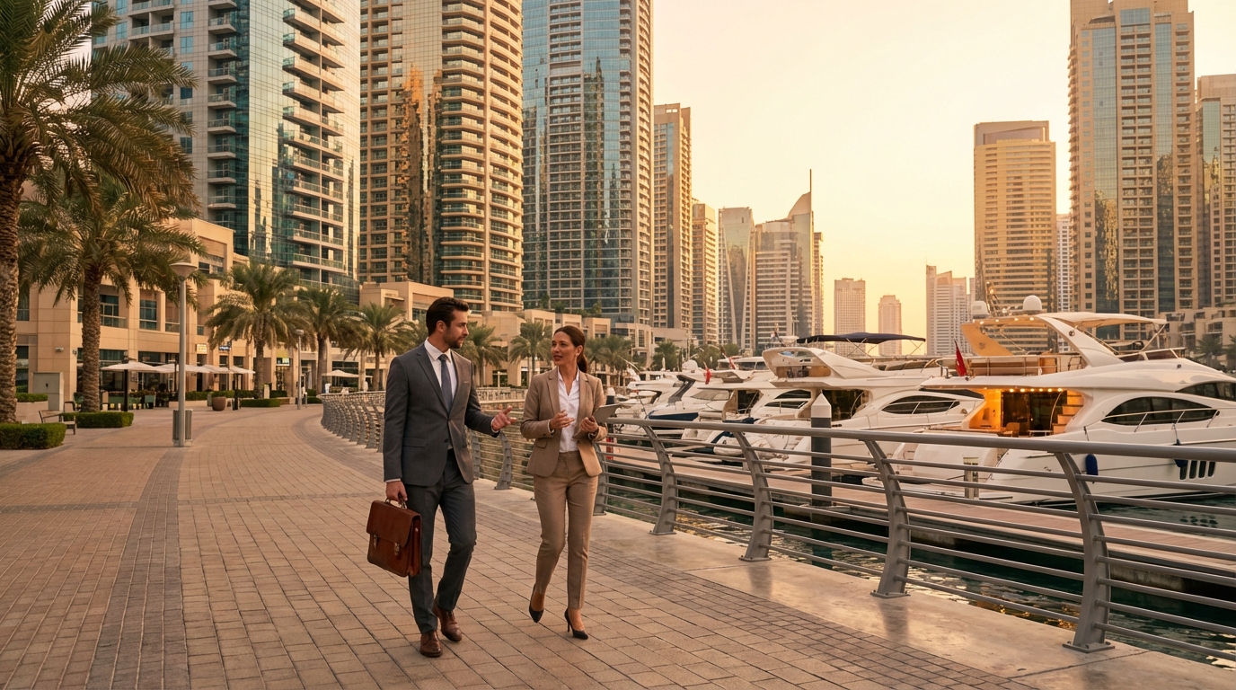 ドバイマリーナの運河沿いを歩くビジネスパーソンと高層マンション群