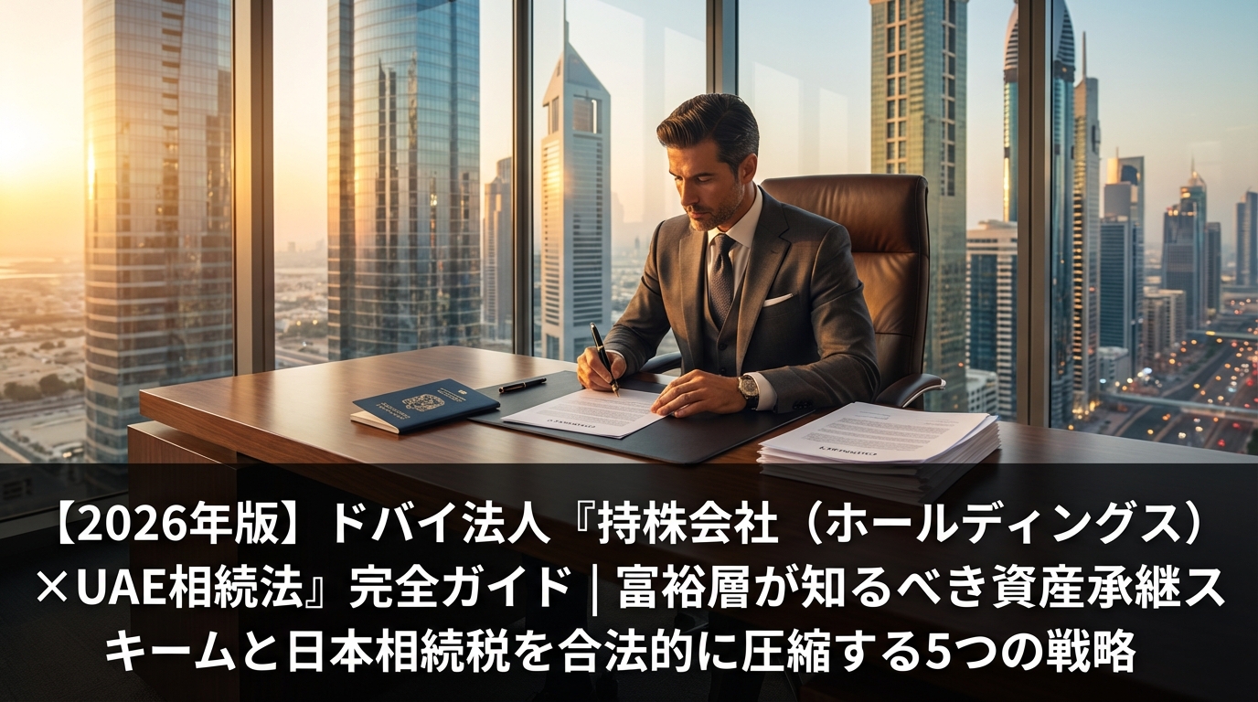 ドバイDIFCの高層ビル群を背景に、ゴールデンアワーの光が差し込む高級オフィスでビジネスマンがUAEパスポートと法律文書とともに署名している場面