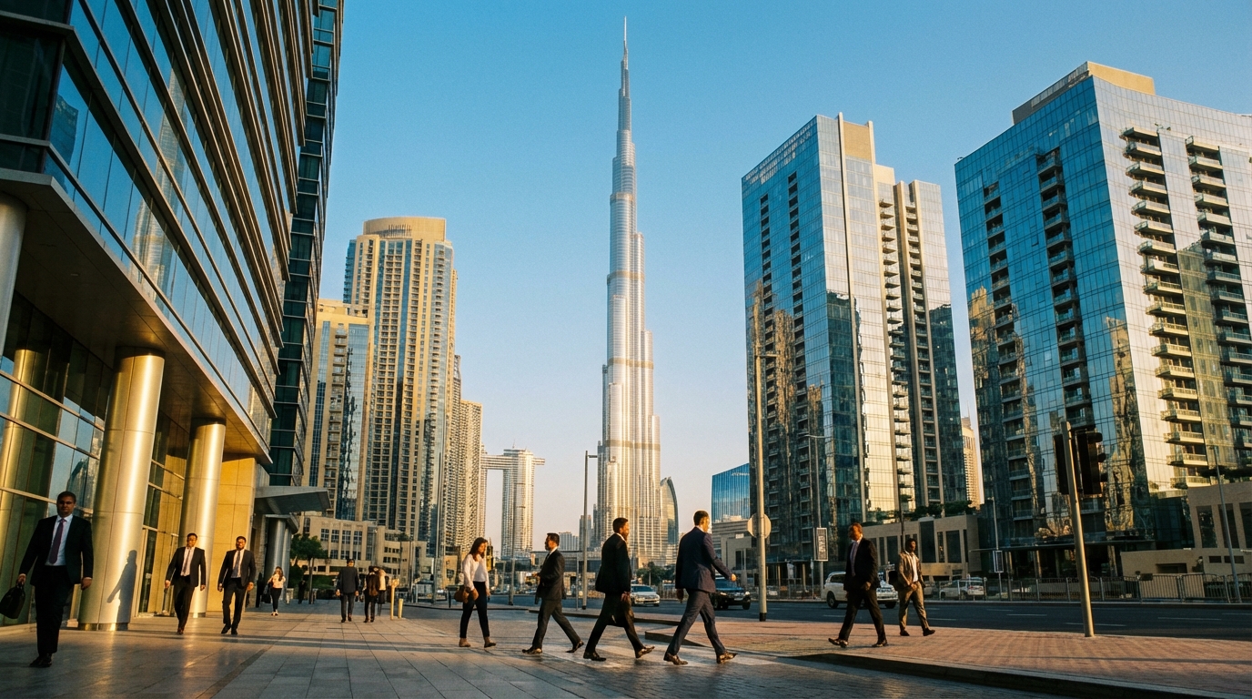 ブルジュ・ハリファを背景にしたドバイダウンタウンのビジネス街の朝の風景、ビジネスパーソンが行き交う
