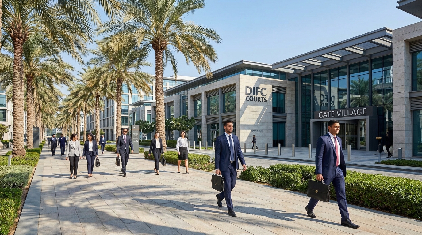 DIFCゲートビレッジの遊歩道を歩くビジネスパーソン、背景にDIFC Courtsの建物とモダンな建築群