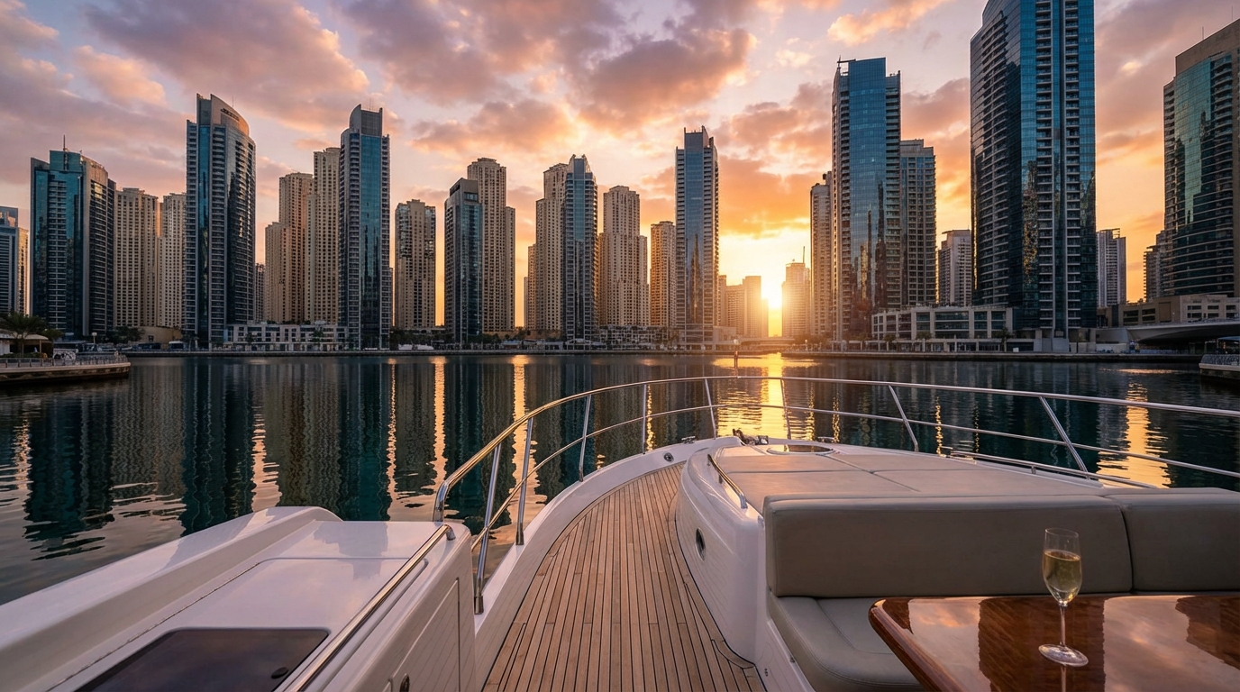 ドバイマリーナ、停泊する白いラグジュアリーヨットから見上げる高層マンション群と美しい夕焼け空、水面に映り込むビル群のシルエット