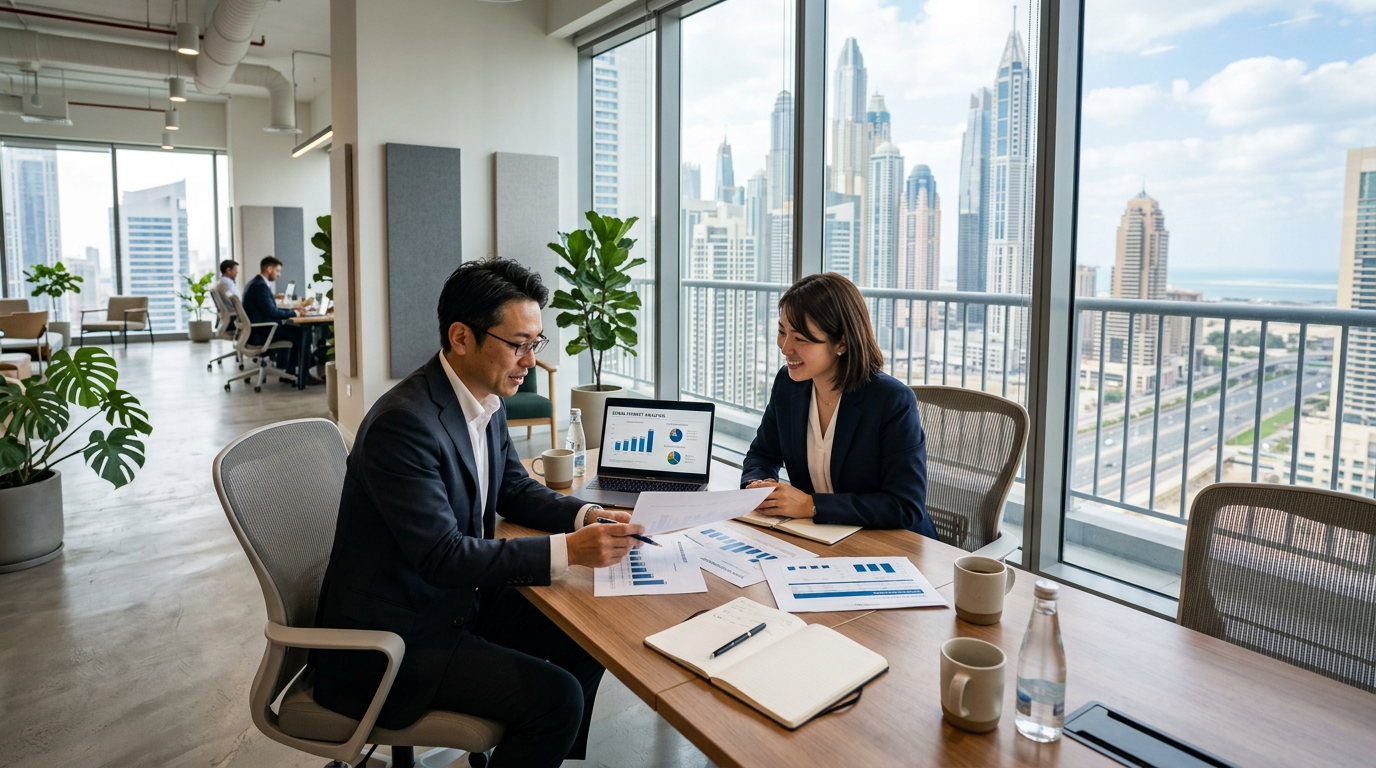 ドバイのコワーキングスペースで打ち合わせをする日本人ビジネスパーソン