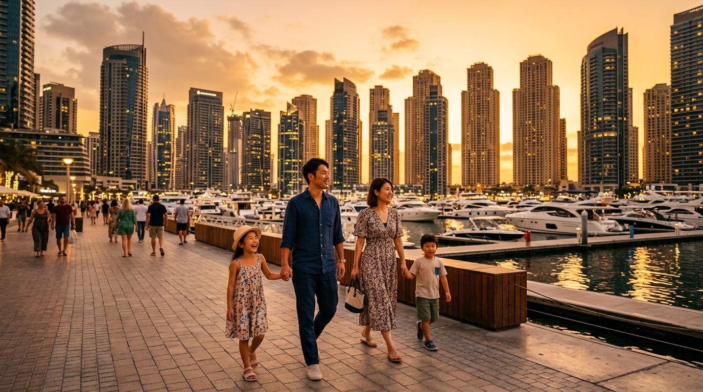 ドバイマリーナの遊歩道を散歩する日本人家族