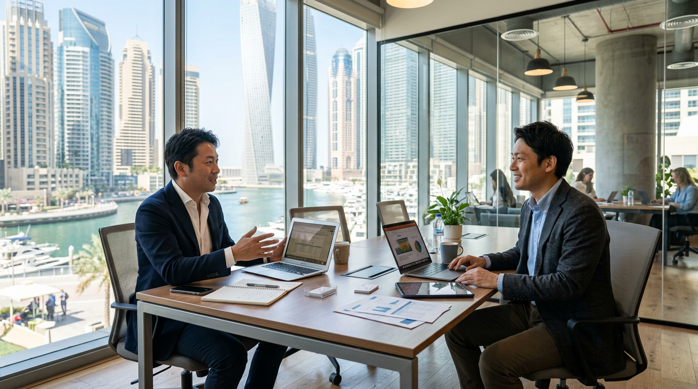 ドバイのコワーキングスペースで打ち合わせをする日本人ビジネスマン