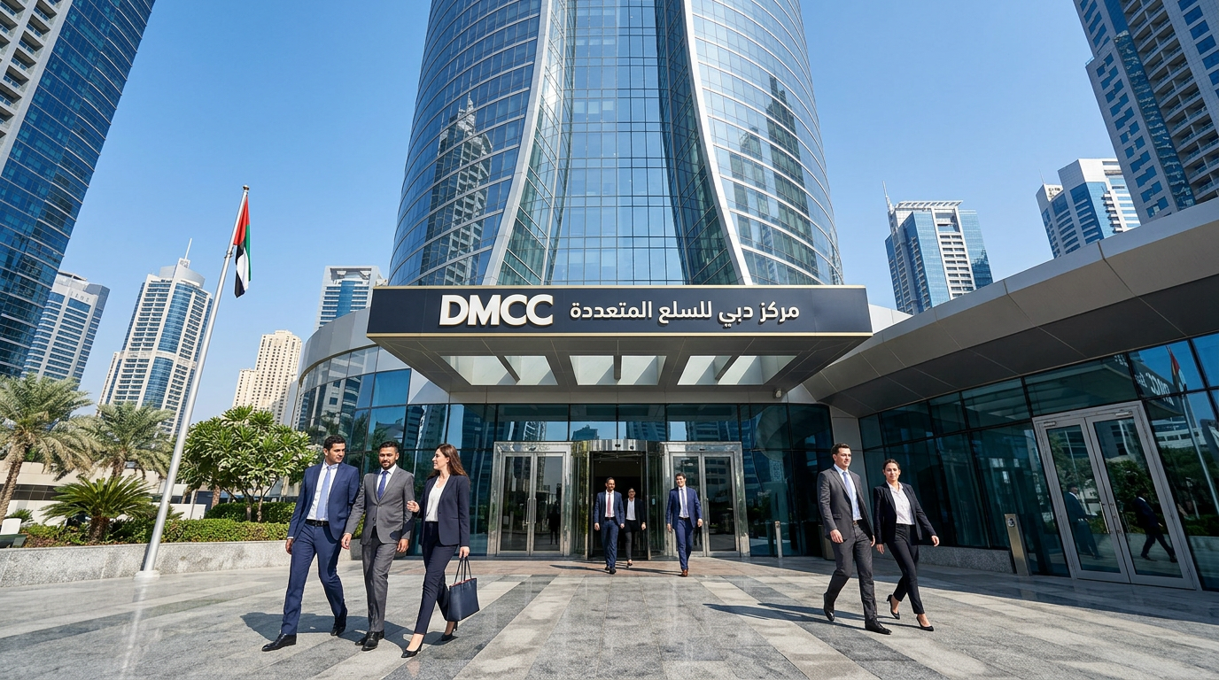 DMCCの入口ゲートとアルマスタワーの外観