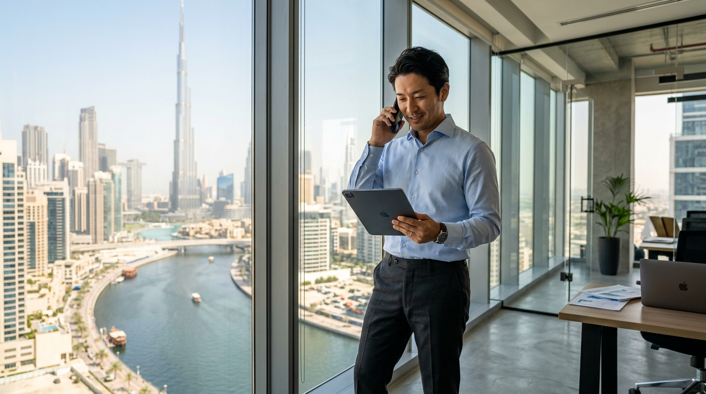 ドバイのビジネスベイ高層オフィスで電話する日本人経営者