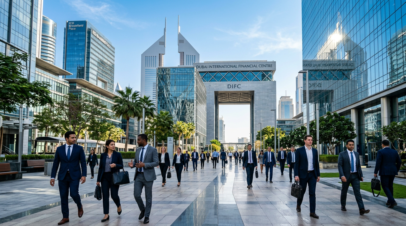 ドバイ国際金融センター（DIFC）のガラス張りビル群。ビジネスパーソンが行き交う近代的な歩道と各国金融機関のロゴが並ぶ