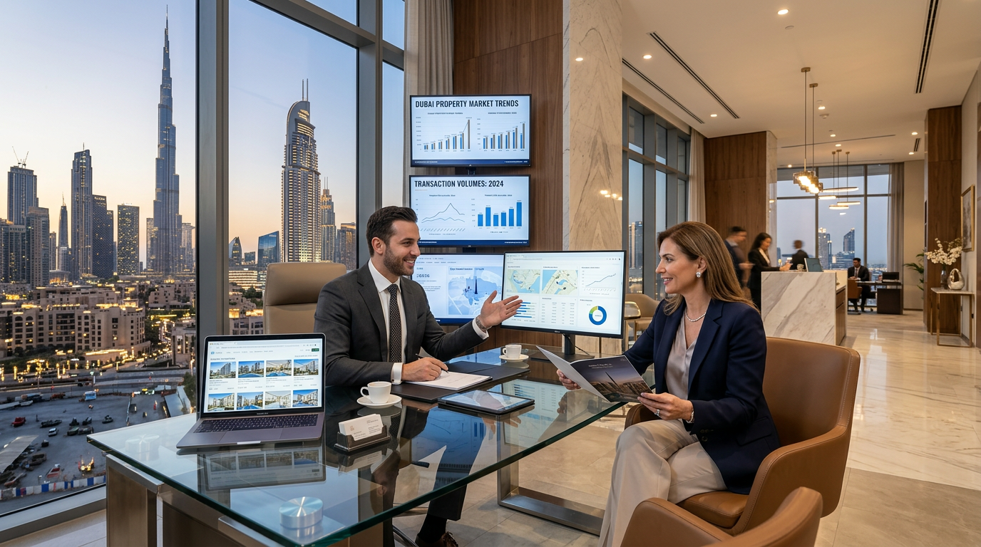ドバイダウンタウンの高級不動産仲介オフィス。大型モニターに取引データが表示され、エージェントがクライアントと商談中