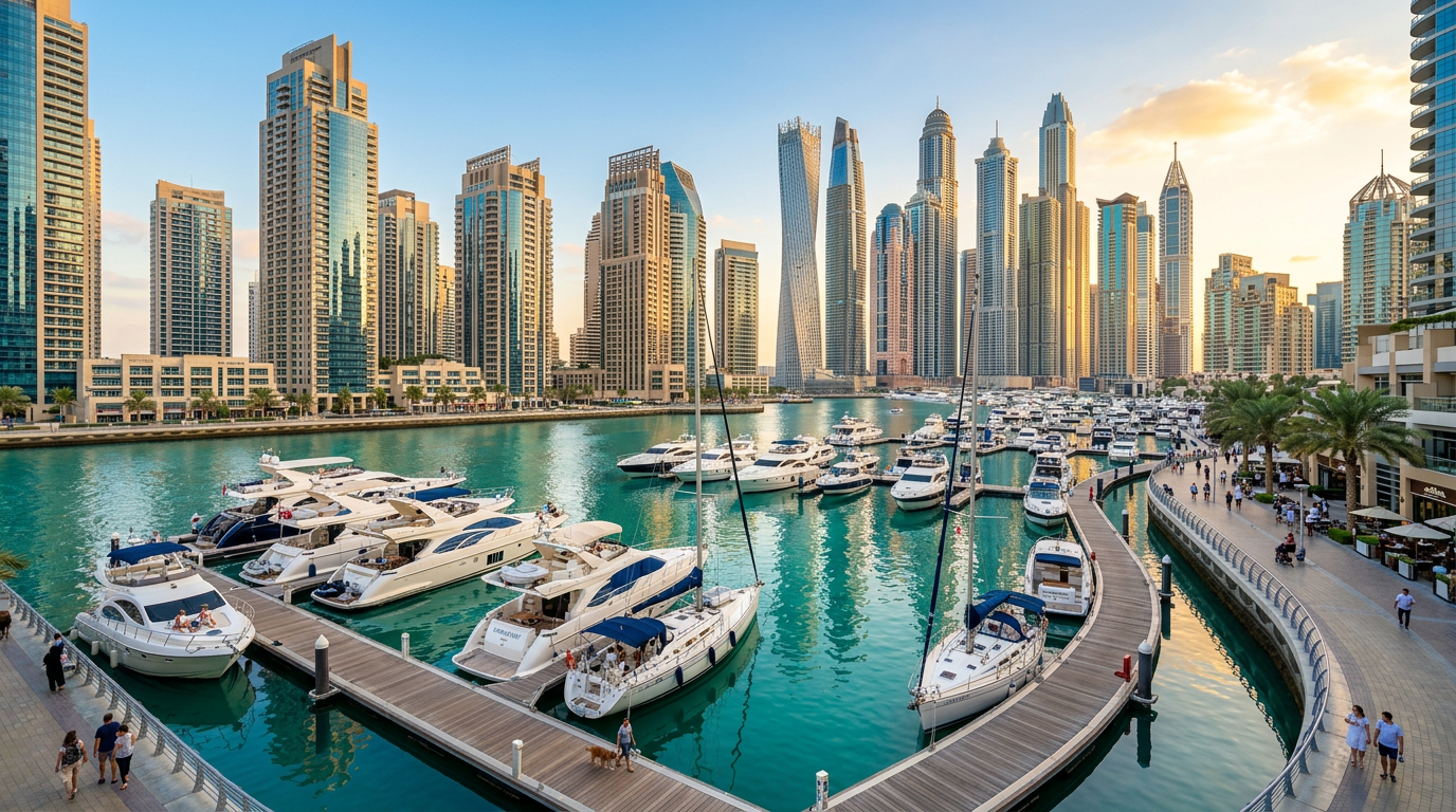 ドバイマリーナの運河沿いに停泊する豪華ヨットと背後の高層レジデンスタワー群