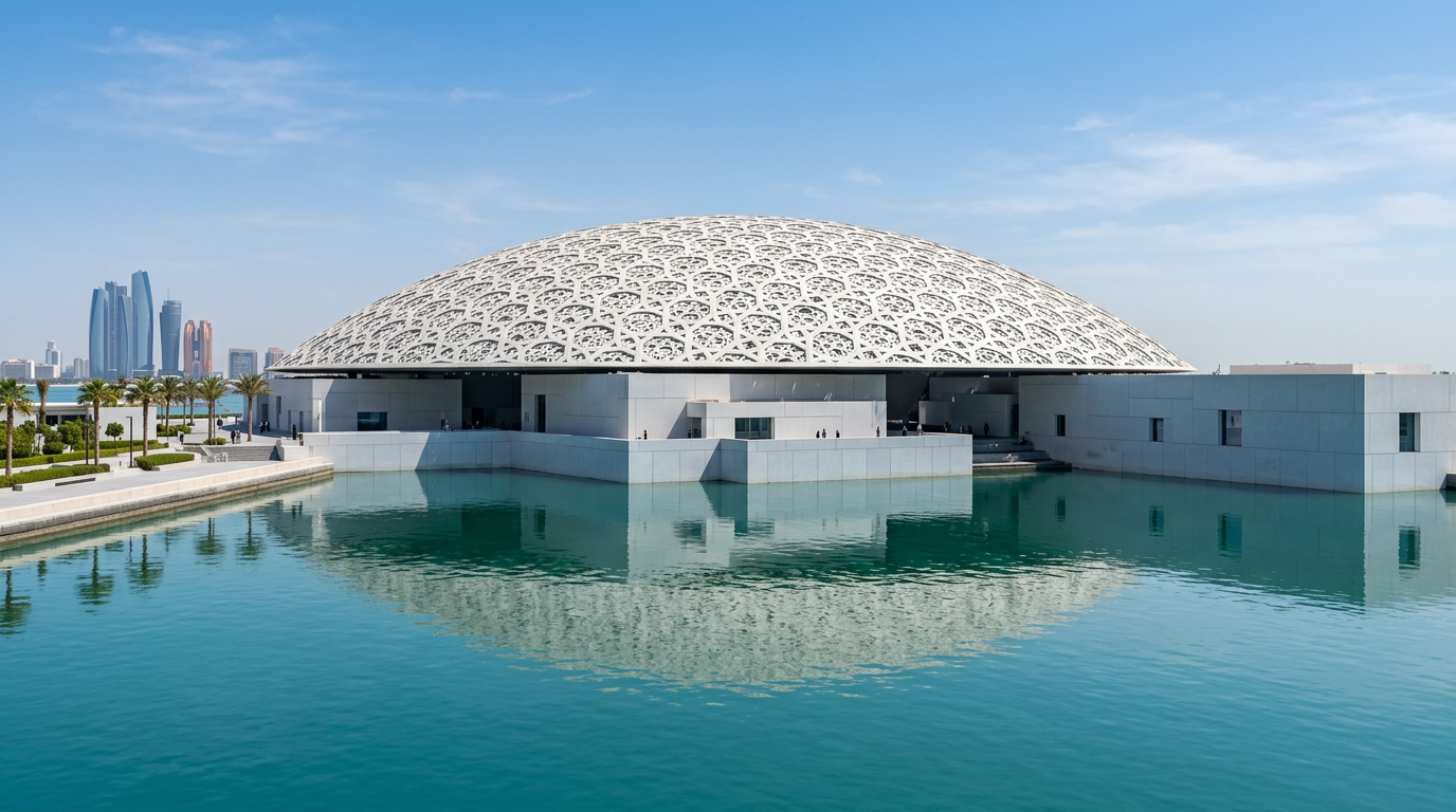 アブダビのルーヴル美術館の白いドーム建築。穏やかなペルシャ湾の海面に建物が映り込む