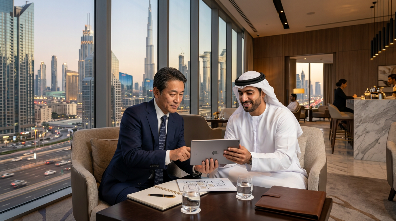 モダンなホテルラウンジでタブレットを見ながら商談する日本人ビジネスマンとアラブ人エージェント。窓の外にドバイのスカイライン