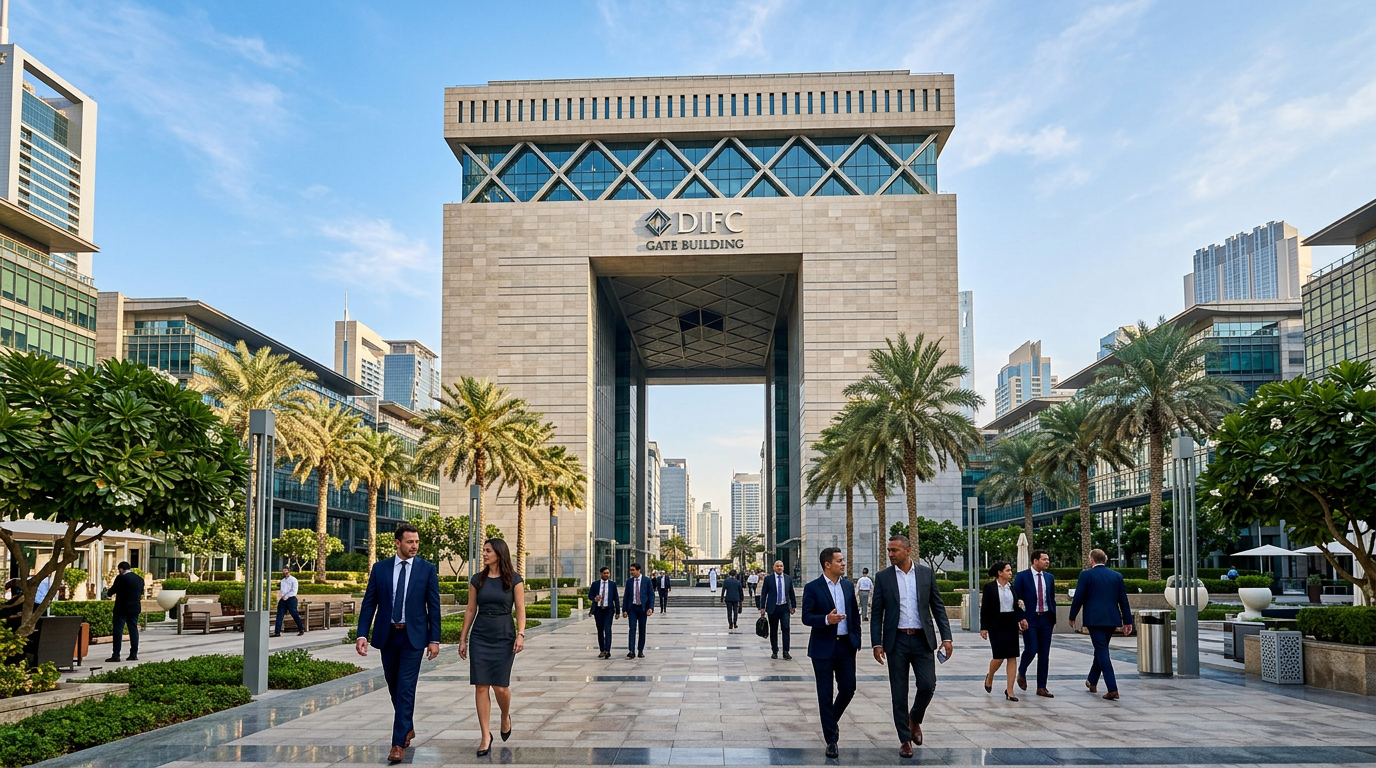 ドバイ国際金融センター（DIFC）のゲートビルディングとビジネスパーソンが行き交う風景