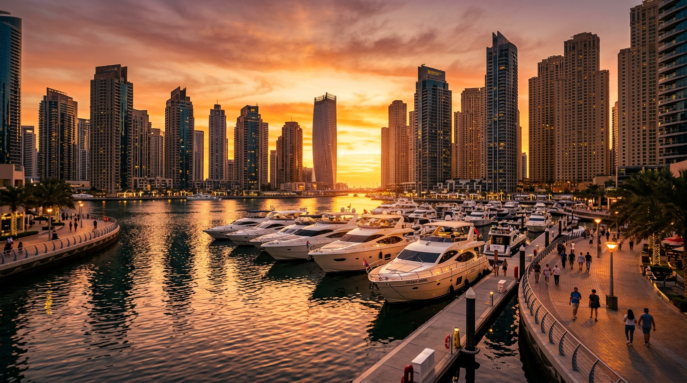 ドバイ・マリーナの豪華なヨットと超高層レジデンス群の夕暮れ風景